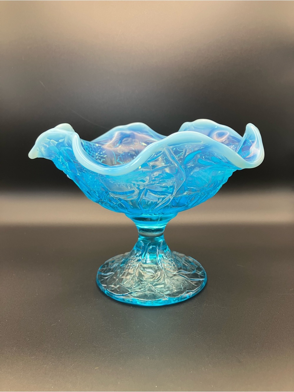 Fenton Blue Opalescent Water Lily Glass Compote Bowl